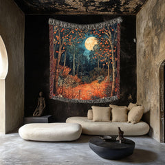 Harvest Moon Woven Blanket, Autumn Forest Tapestry Throw, Nature-Inspired Moonlight Art, Cozy Woodland Decor, Mystical Rustic Home Gift