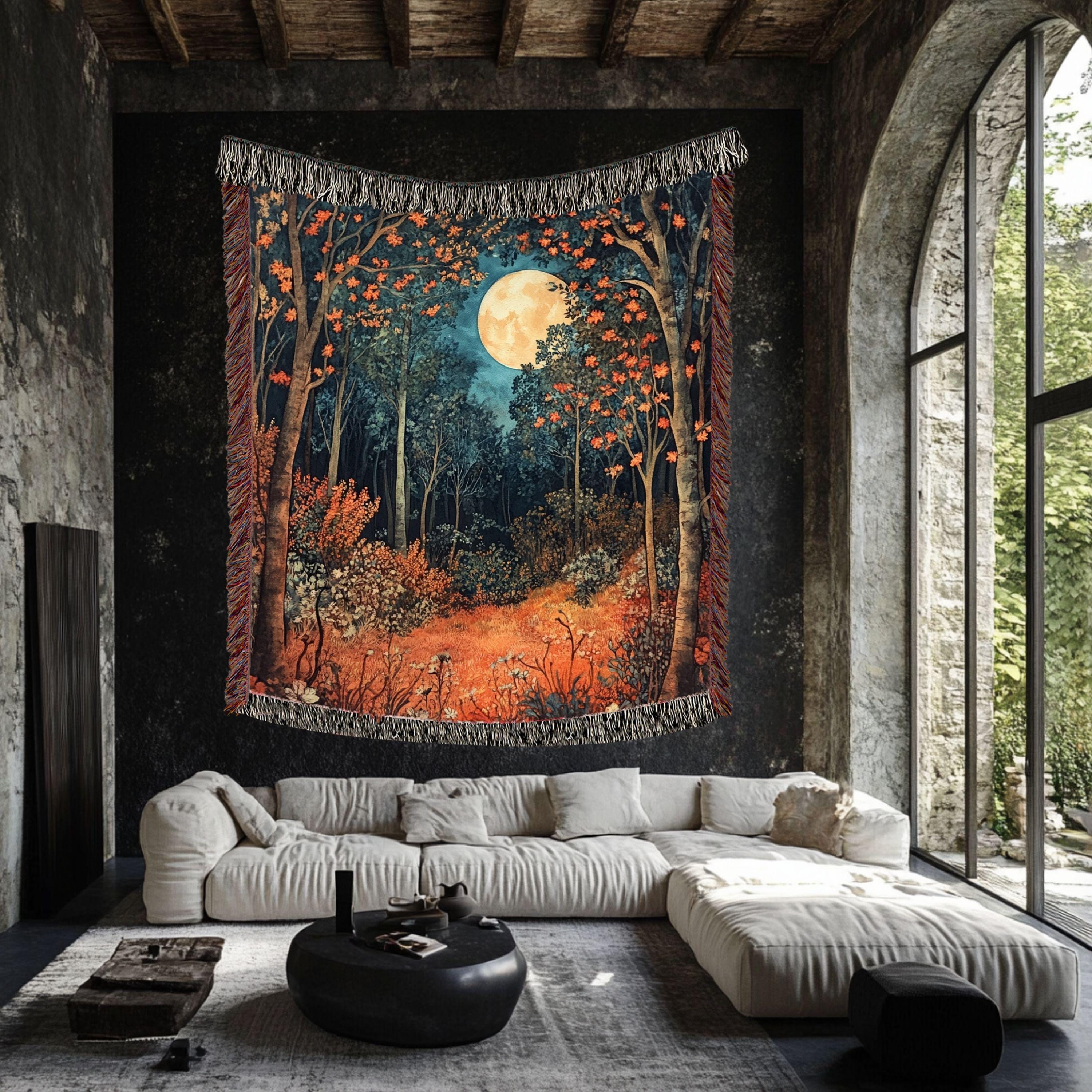 Harvest Moon Woven Blanket, Autumn Forest Tapestry Throw, Nature-Inspired Moonlight Art, Cozy Woodland Decor, Mystical Rustic Home Gift