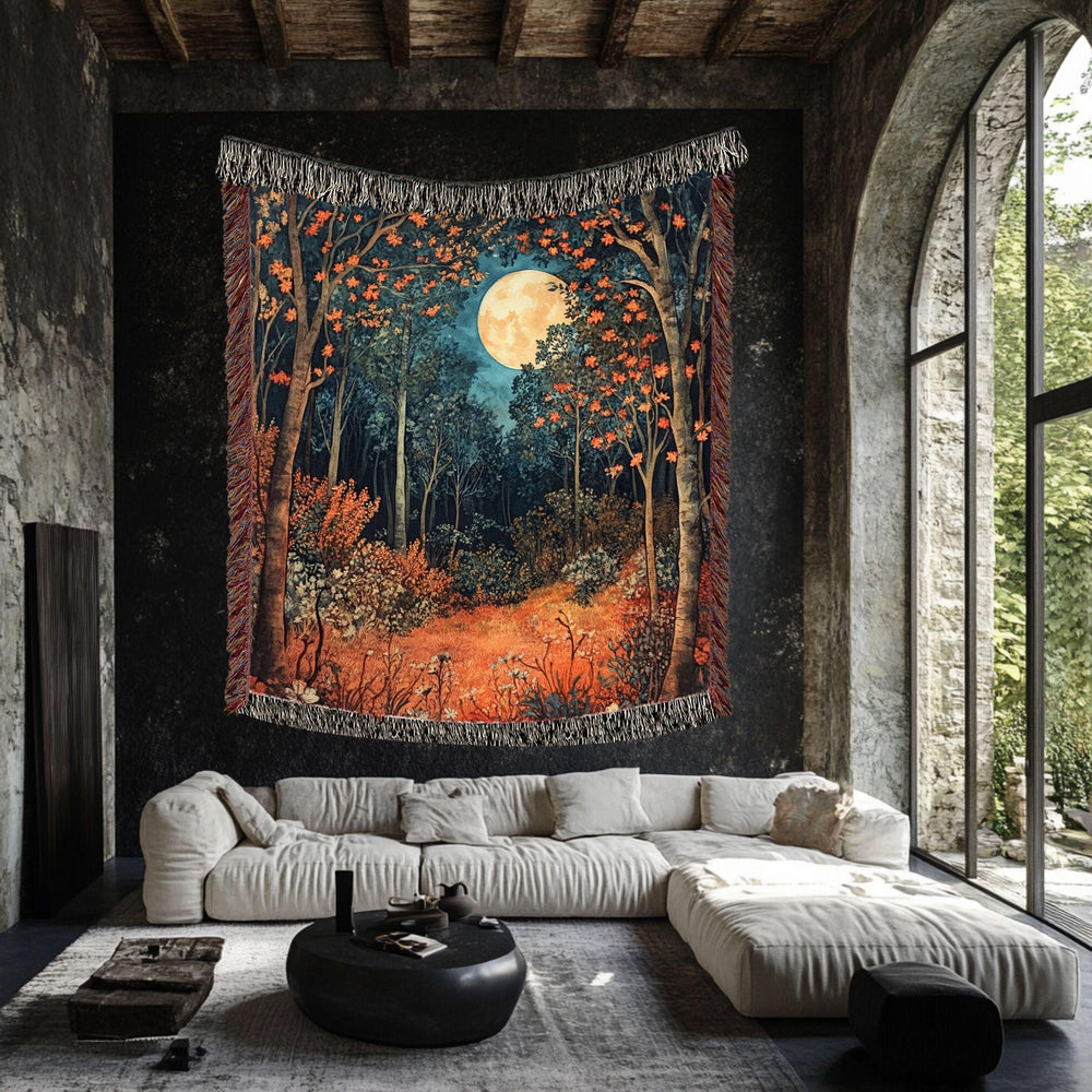 Harvest Moon Woven Blanket, Autumn Forest Tapestry Throw, Nature-Inspired Moonlight Art, Cozy Woodland Decor, Mystical Rustic Home Gift