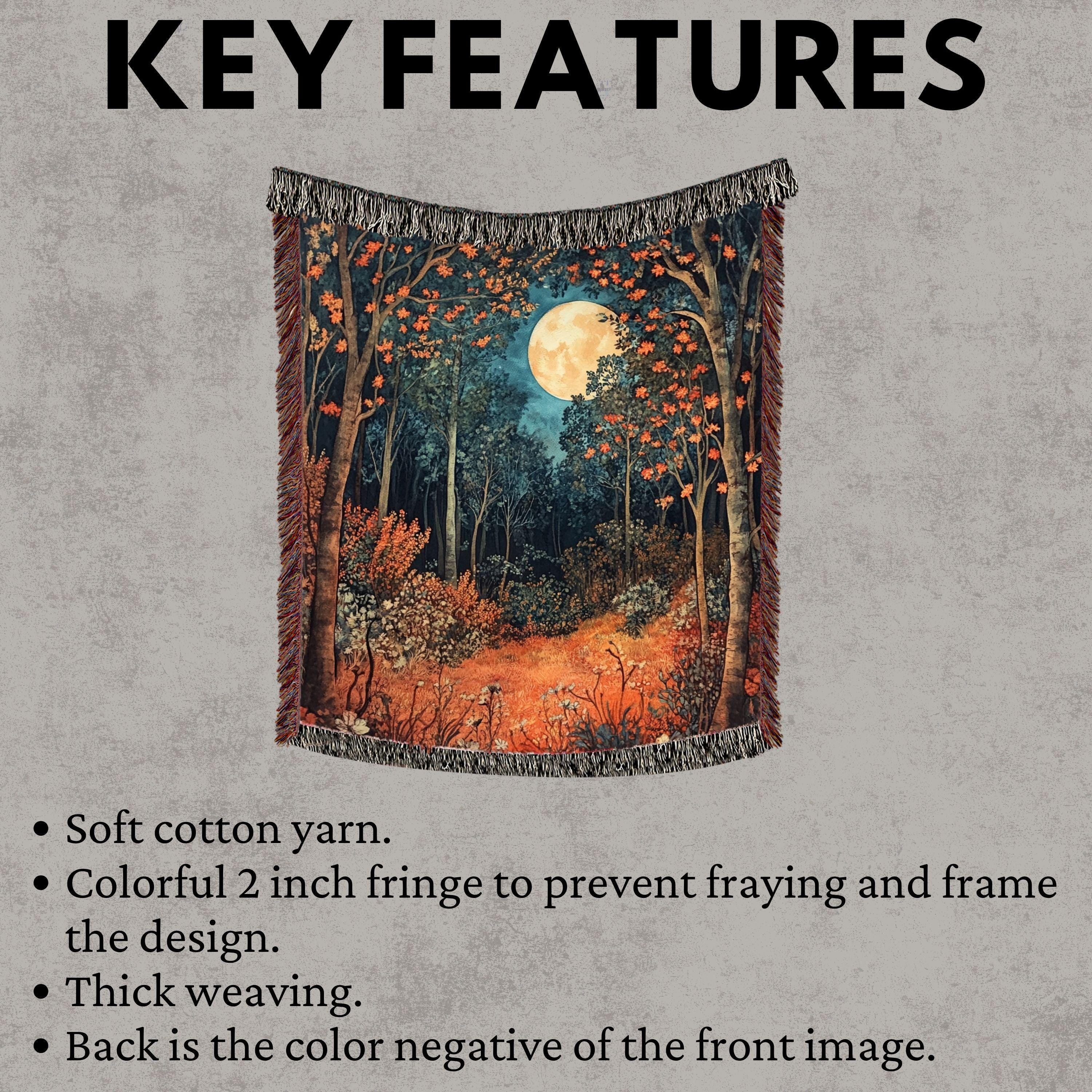 Harvest Moon Woven Blanket, Autumn Forest Tapestry Throw, Nature-Inspired Moonlight Art, Cozy Woodland Decor, Mystical Rustic Home Gift
