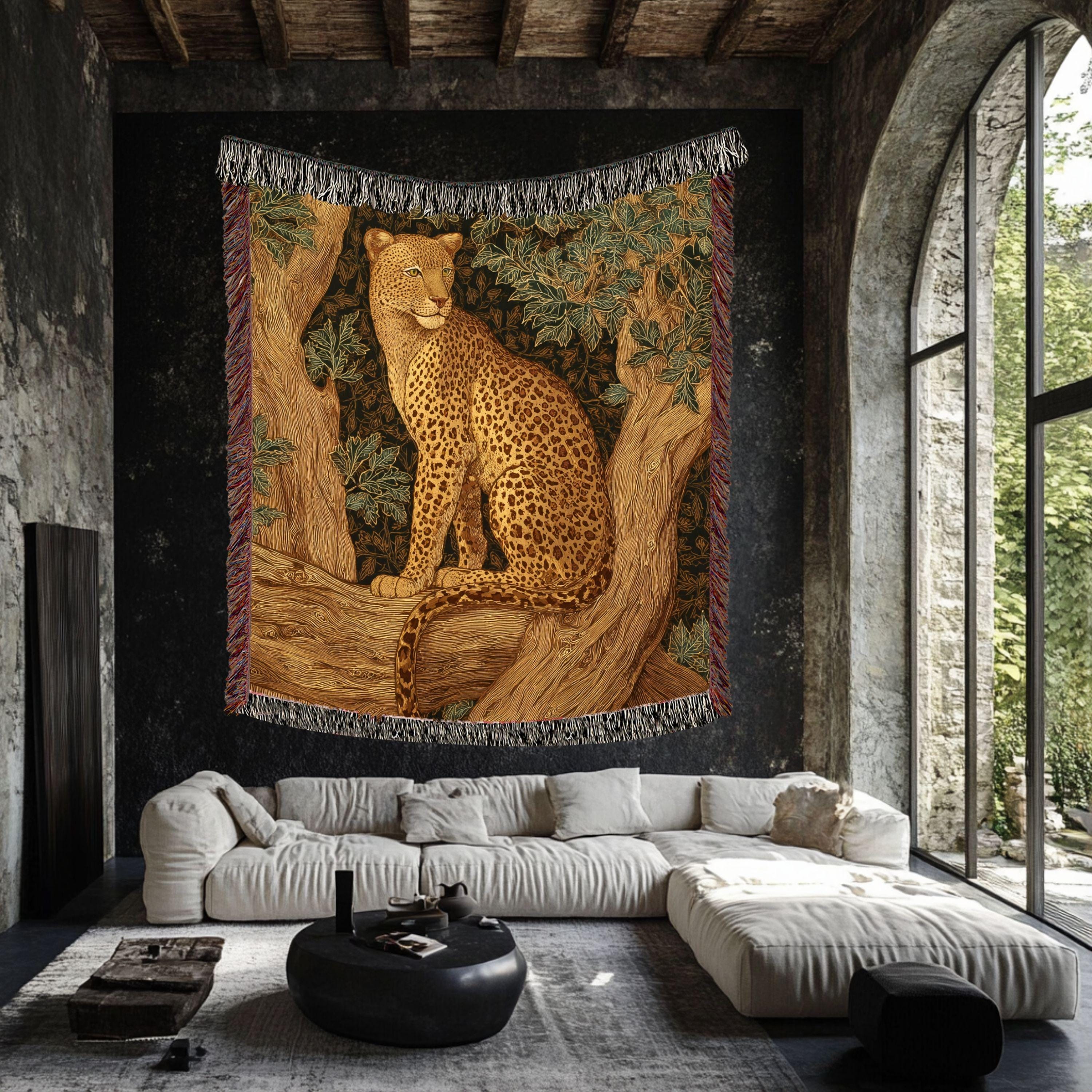 Leopard Woven Blanket, Nature-Inspired Safari Tapestry Throw, Wild Cat Art, Jungle Decor Accent, Cozy Boho Rustic Home Gift Idea