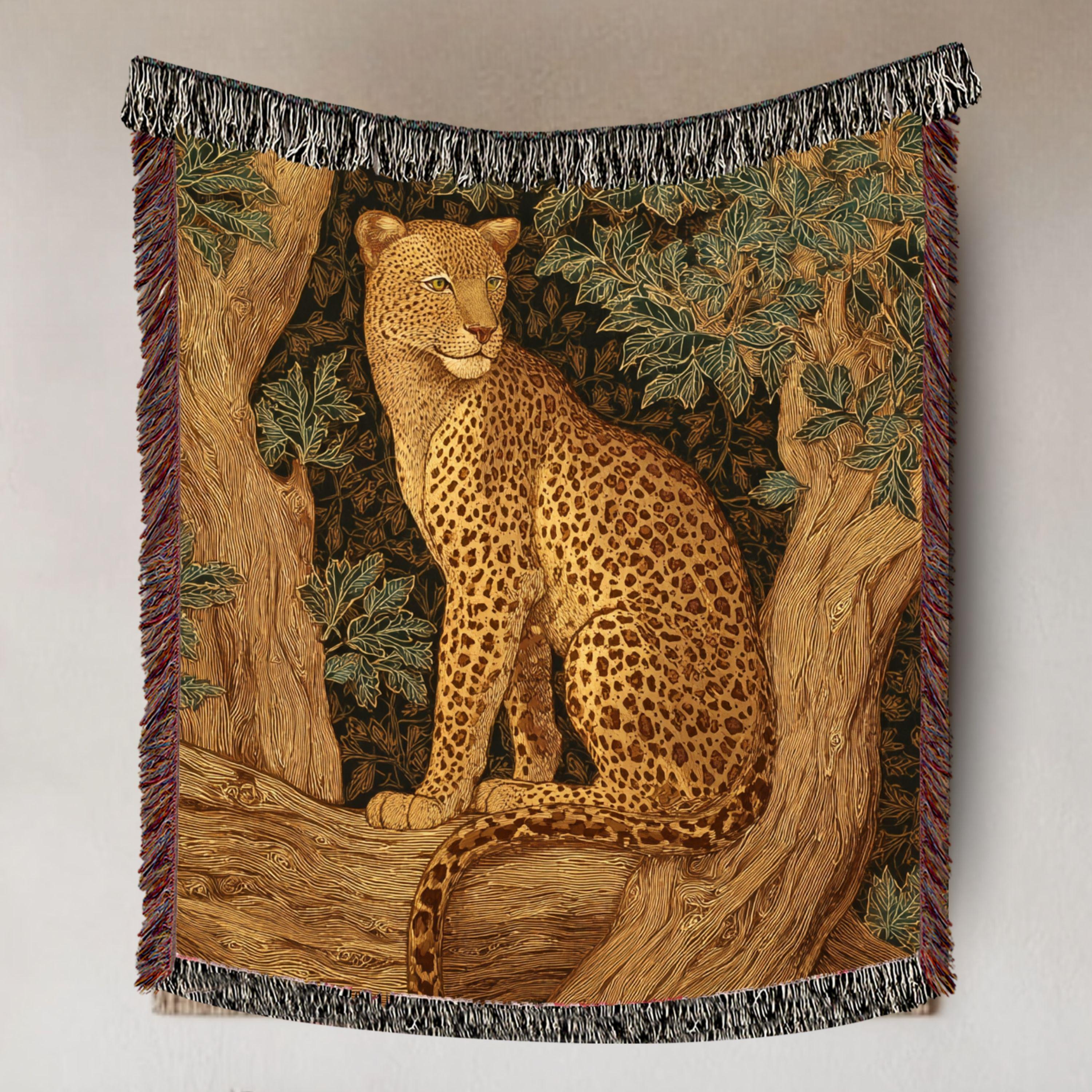 Leopard Woven Blanket, Nature-Inspired Safari Tapestry Throw, Wild Cat Art, Jungle Decor Accent, Cozy Boho Rustic Home Gift Idea