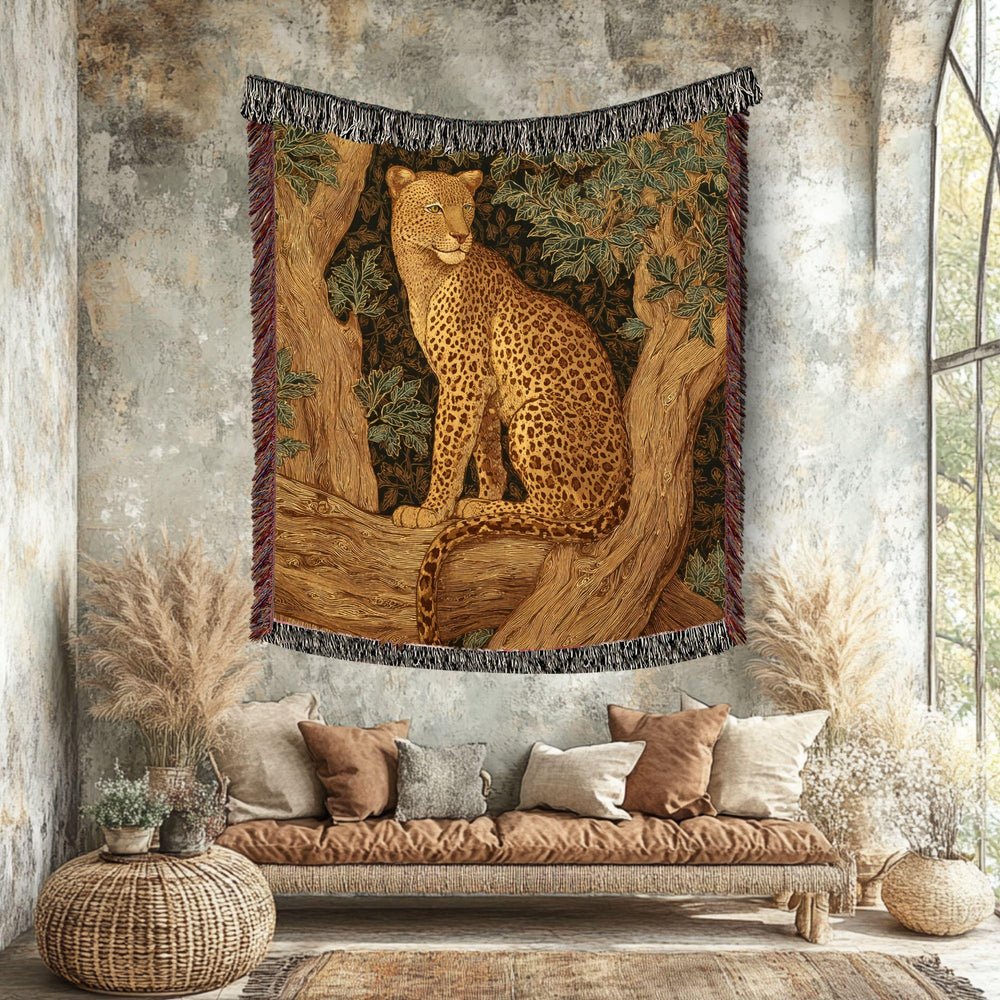 Leopard Woven Blanket, Nature-Inspired Safari Tapestry Throw, Wild Cat Art, Jungle Decor Accent, Cozy Boho Rustic Home Gift Idea