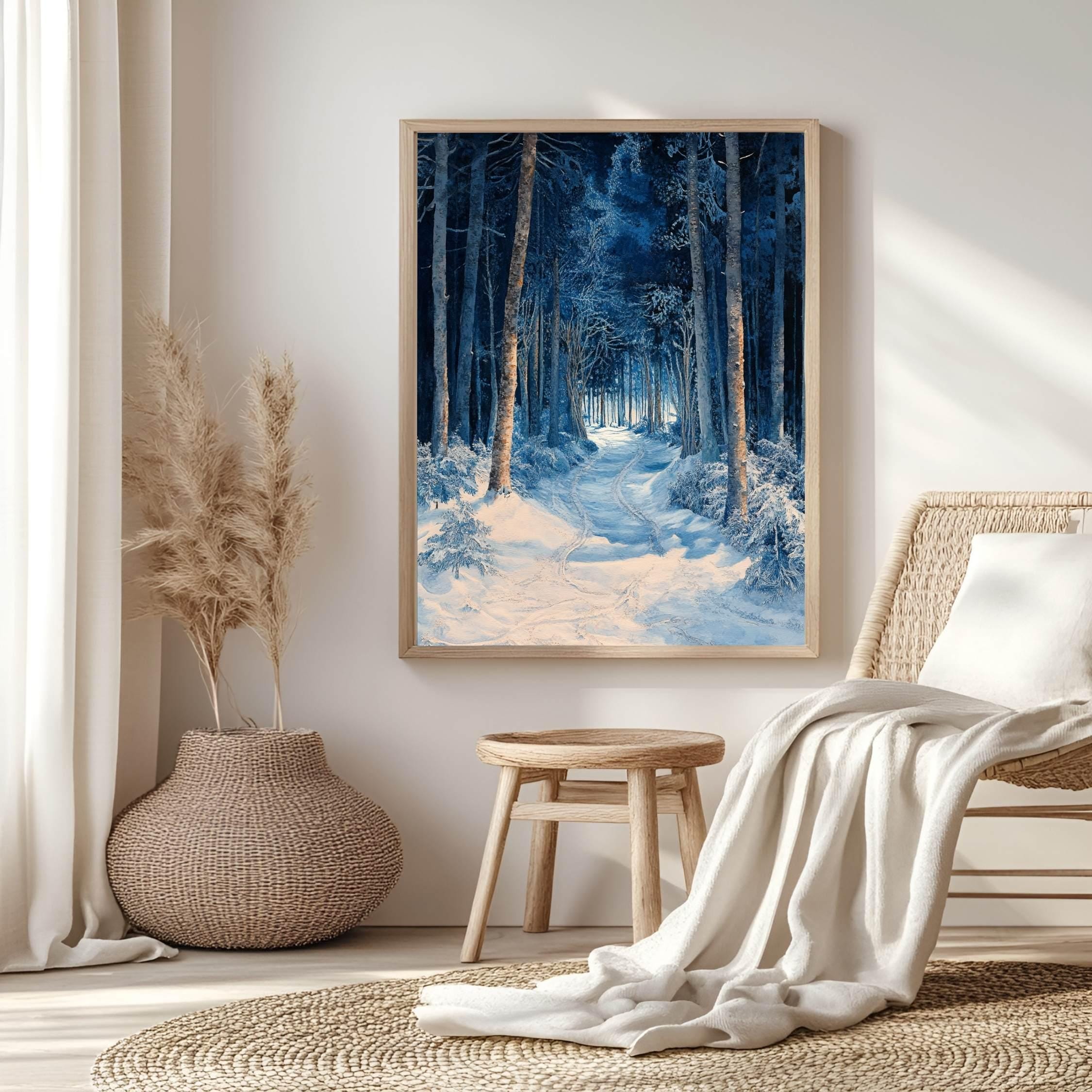 Blue Forest Path Wooden Canvas Art, Winter Wonderland Wall Print, Snowy Landscape Holiday Decor, Serene Woodland Framed Canvas