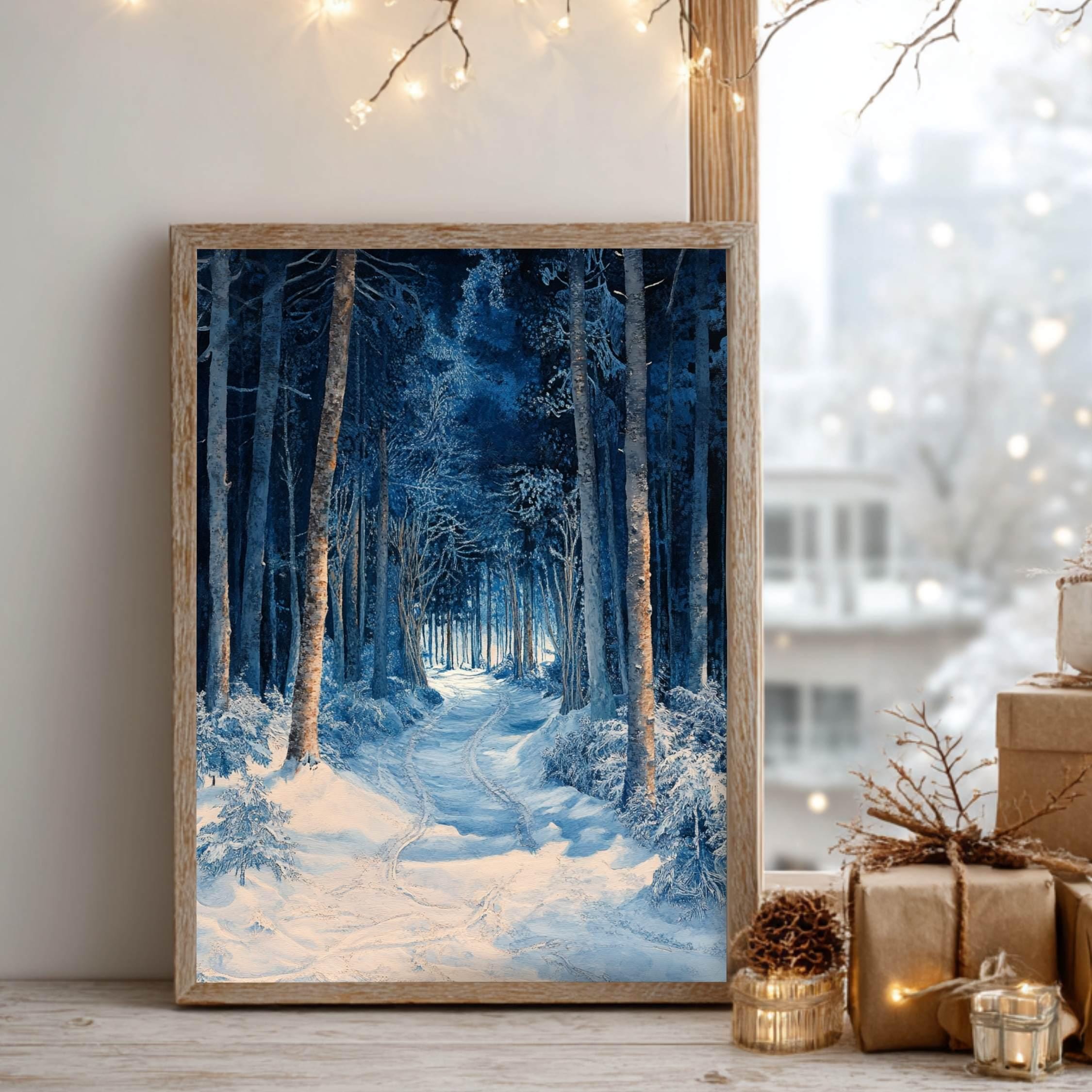 Blue Forest Path Wooden Canvas Art, Winter Wonderland Wall Print, Snowy Landscape Holiday Decor, Serene Woodland Framed Canvas