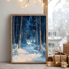 Blue Forest Path Wooden Canvas Art, Winter Wonderland Wall Print, Snowy Landscape Holiday Decor, Serene Woodland Framed Canvas