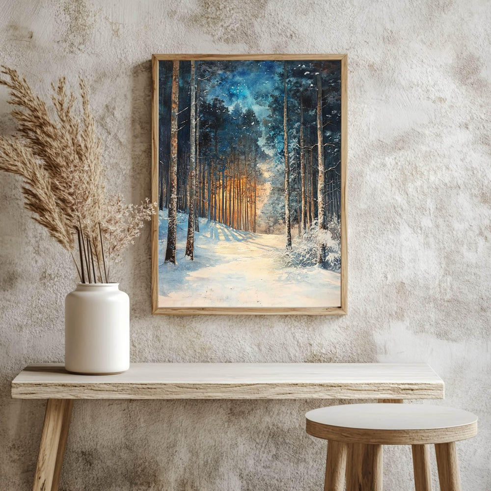 Golden Glow Winter Forest Wooden Canvas Art, Snowy Pine Tree Wall Print, Cozy Holiday Framed Decor
