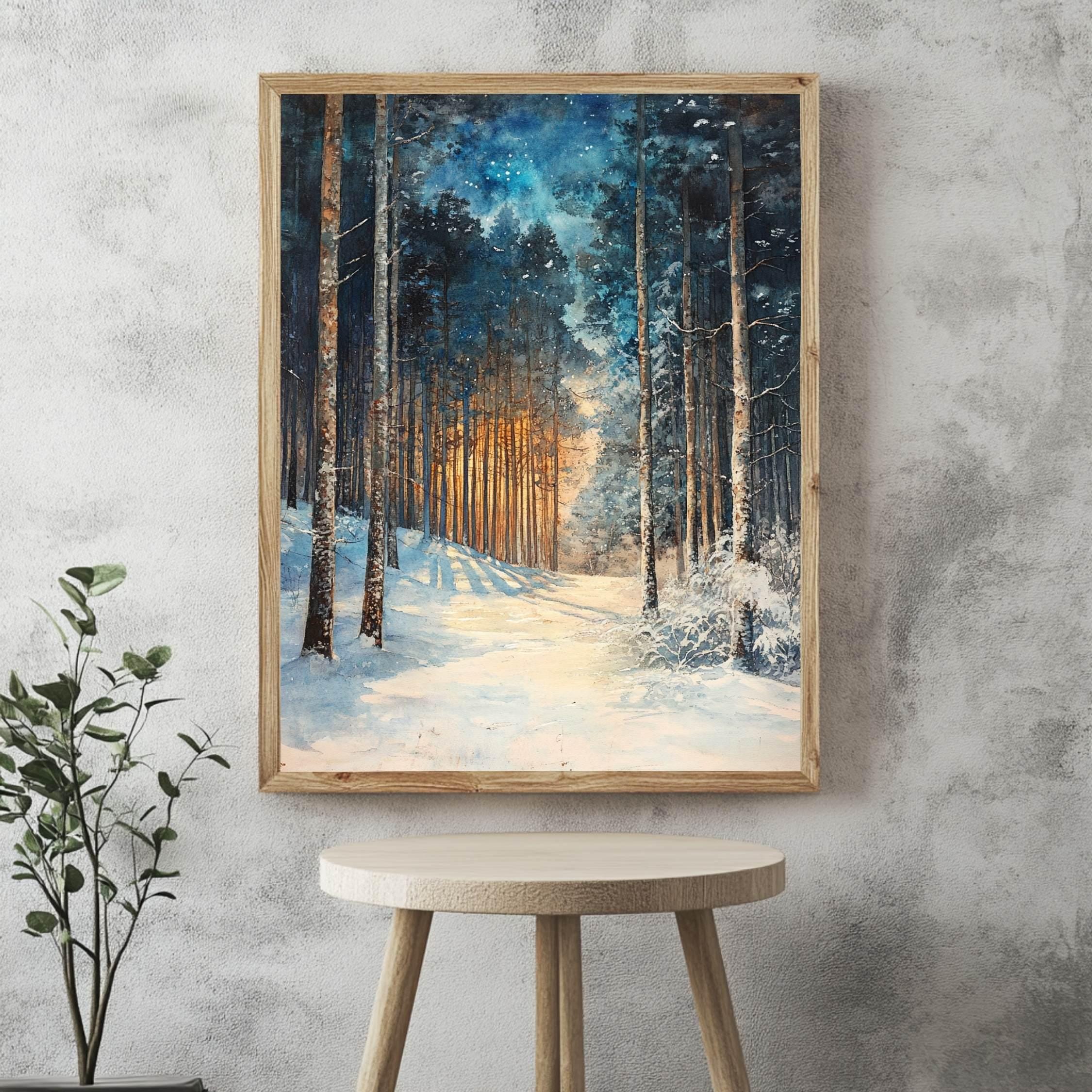 Golden Glow Winter Forest Wooden Canvas Art, Snowy Pine Tree Wall Print, Cozy Holiday Framed Decor