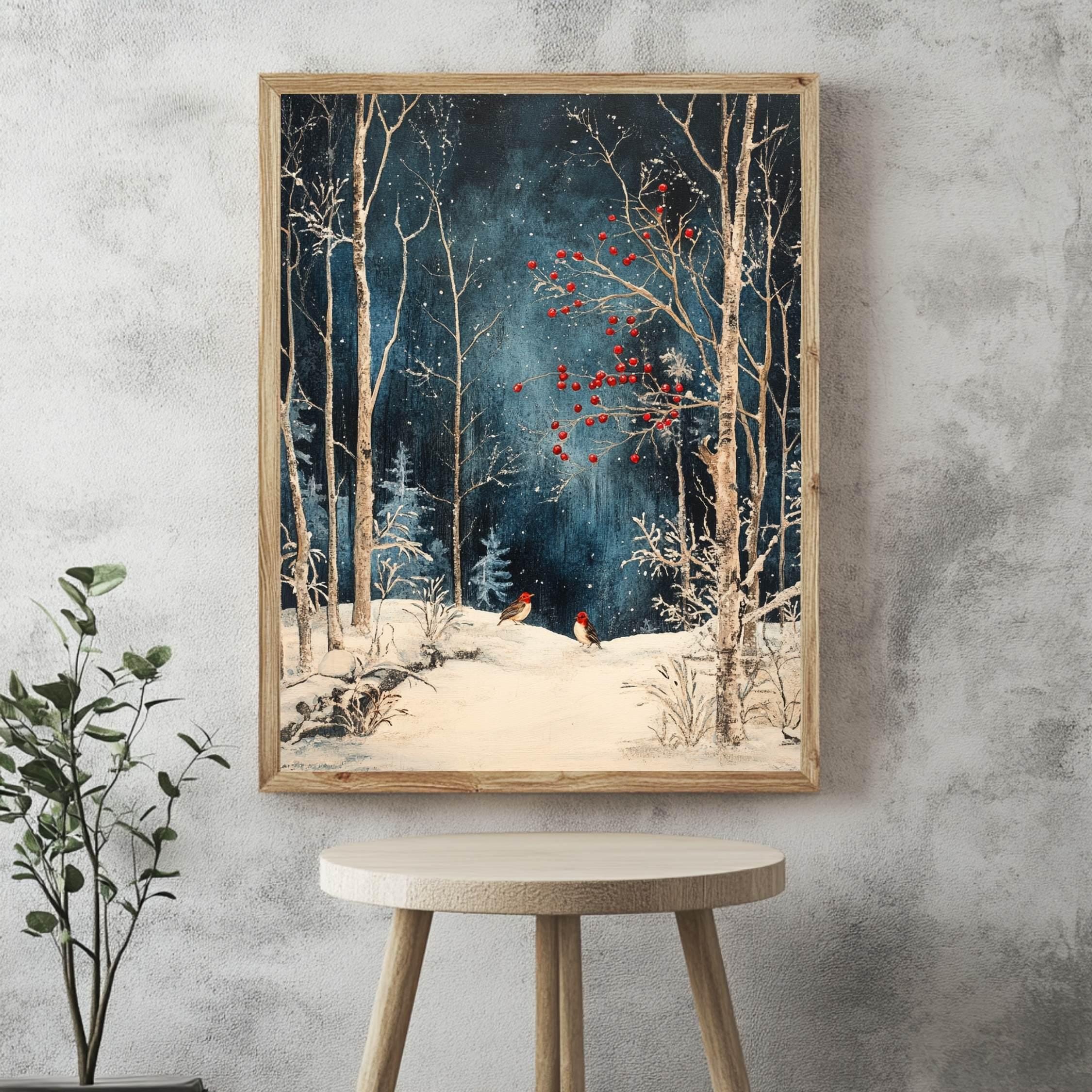 Winter Forest Birds Wooden Canvas Art, Red Berries Snow Scene Wall Print, Peaceful Christmas Woodland Decor