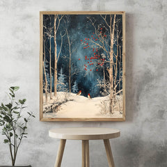 Winter Forest Birds Wooden Canvas Art, Red Berries Snow Scene Wall Print, Peaceful Christmas Woodland Decor