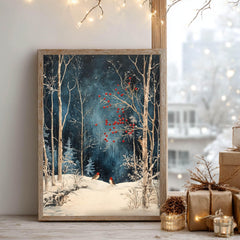 Winter Forest Birds Wooden Canvas Art, Red Berries Snow Scene Wall Print, Peaceful Christmas Woodland Decor