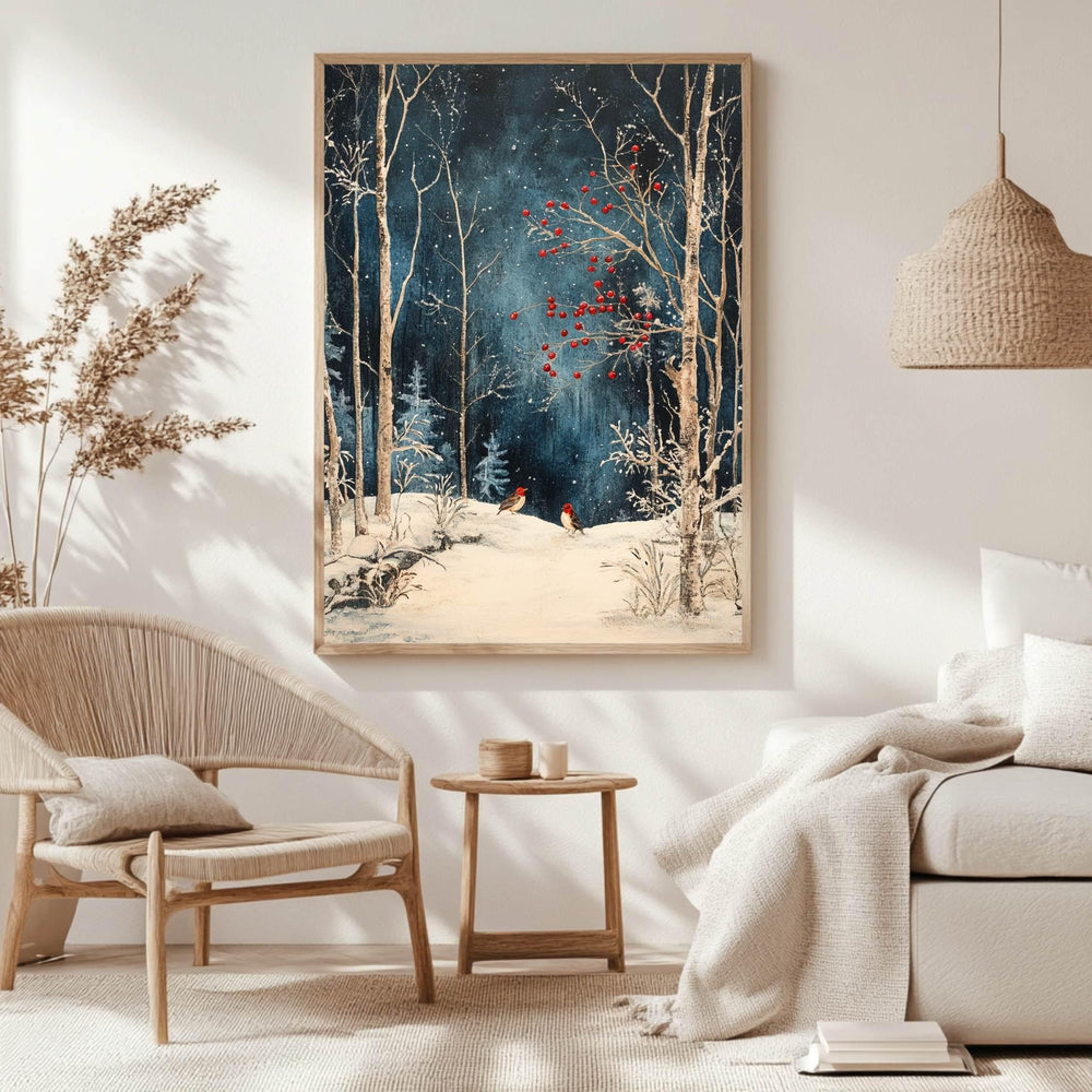 Winter Forest Birds Wooden Canvas Art, Red Berries Snow Scene Wall Print, Peaceful Christmas Woodland Decor