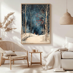 Winter Forest Birds Wooden Canvas Art, Red Berries Snow Scene Wall Print, Peaceful Christmas Woodland Decor