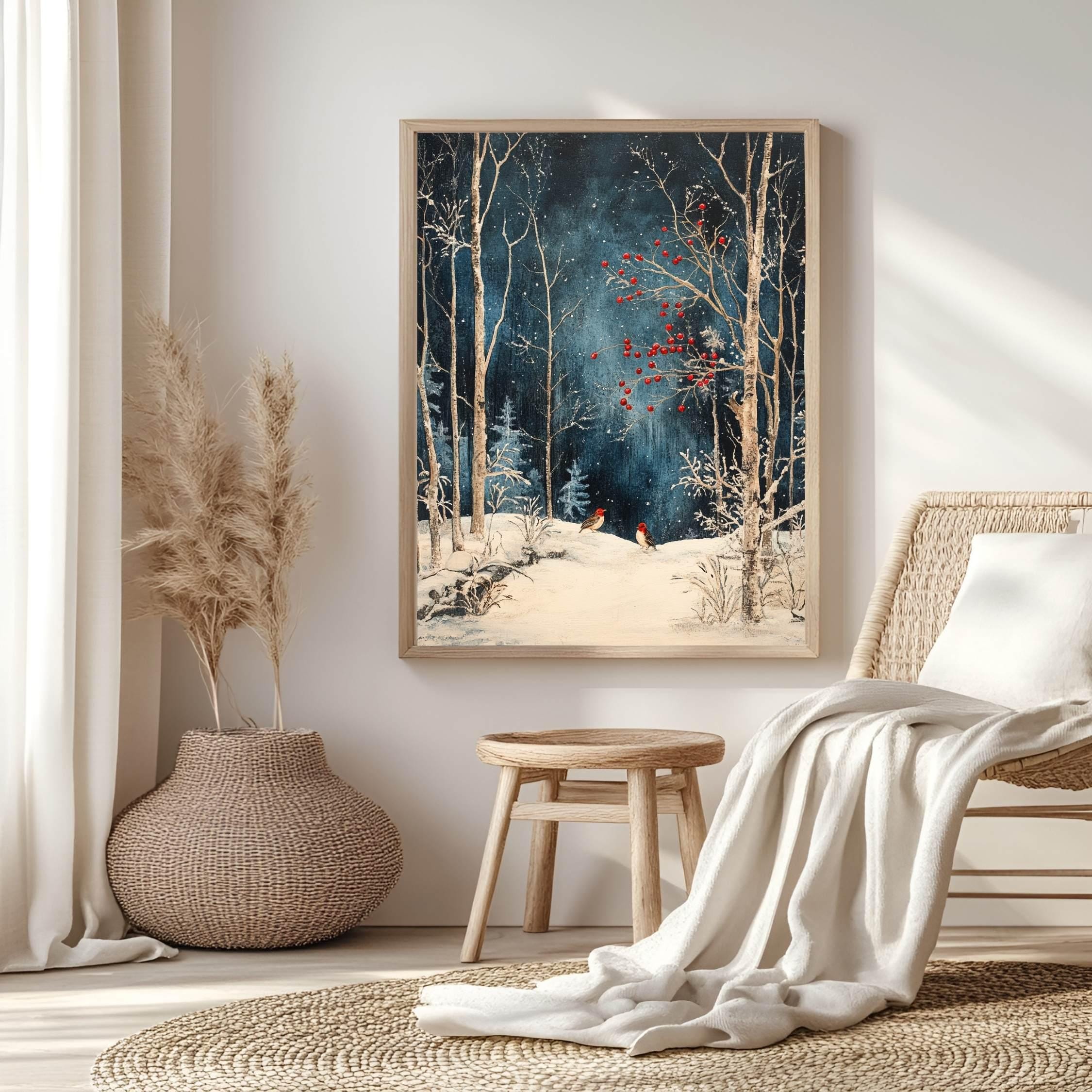 Winter Forest Birds Wooden Canvas Art, Red Berries Snow Scene Wall Print, Peaceful Christmas Woodland Decor