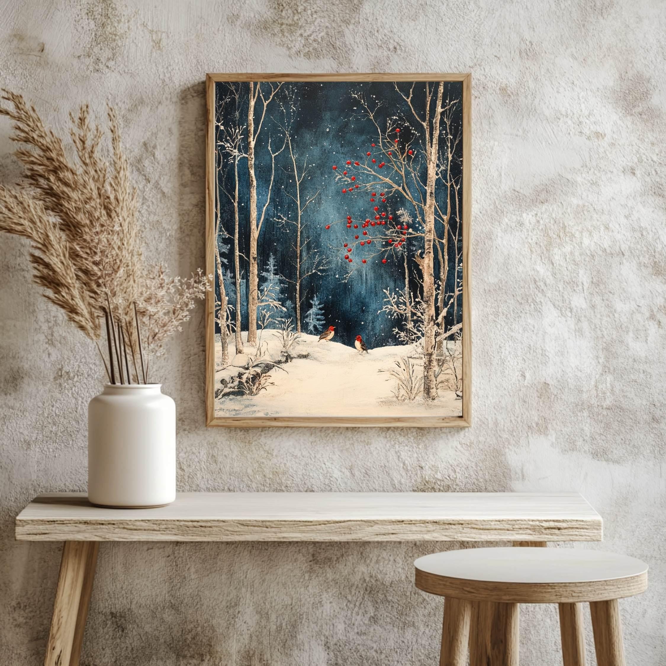 Winter Forest Birds Wooden Canvas Art, Red Berries Snow Scene Wall Print, Peaceful Christmas Woodland Decor