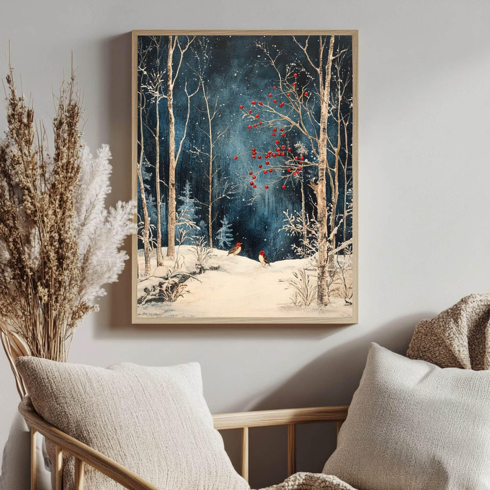 Winter Forest Birds Wooden Canvas Art, Red Berries Snow Scene Wall Print, Peaceful Christmas Woodland Decor