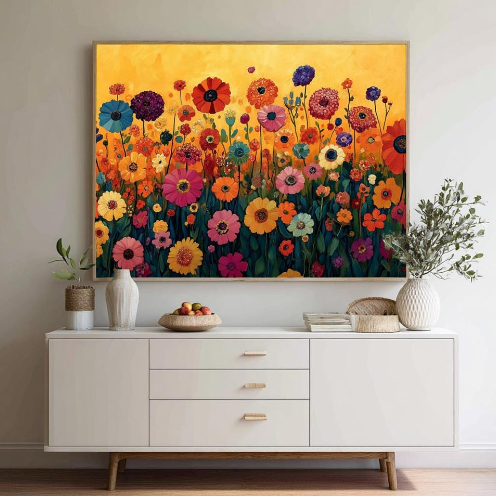 Wildflower Meadow Wall Art, Vibrant Floral Landscape Print, Cottage Garden Framed Canvas, Nature Farmhouse Decor, Botanical Home Accent