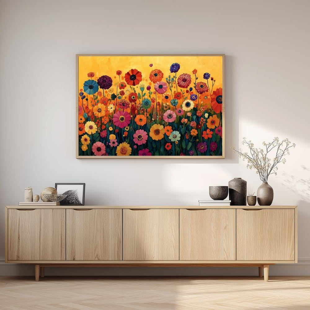 Wildflower Meadow Wall Art, Vibrant Floral Landscape Print, Cottage Garden Framed Canvas, Nature Farmhouse Decor, Botanical Home Accent
