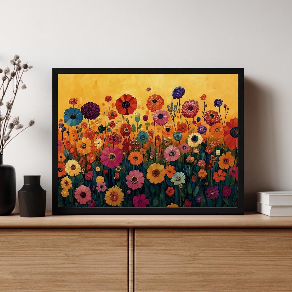 Wildflower Meadow Wall Art, Vibrant Floral Landscape Print, Cottage Garden Framed Canvas, Nature Farmhouse Decor, Botanical Home Accent