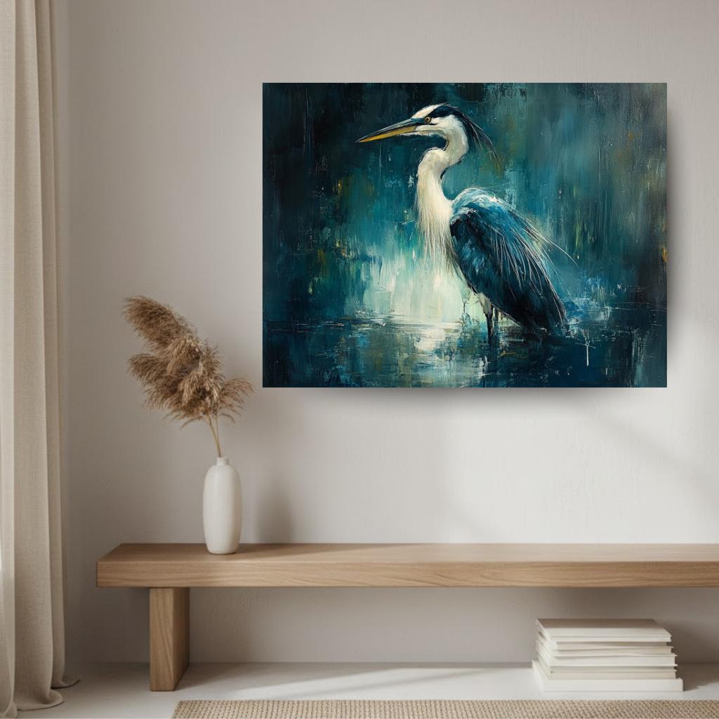 Moody Heron Wall Art, Water Bird Framed Canvas, Coastal Wetlands Landscape Print, Abstract Blue Modern Home Decor, Heron Lover Gift