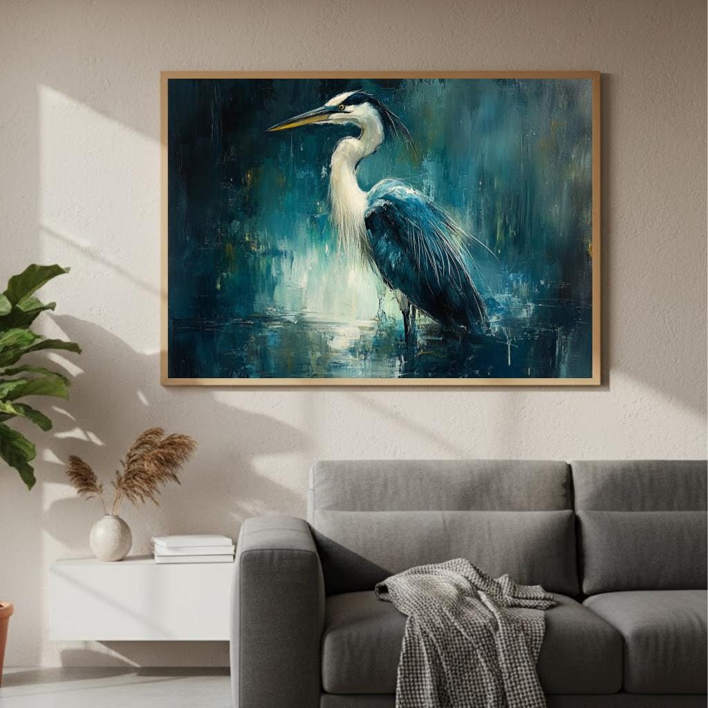 Moody Heron Wall Art, Water Bird Framed Canvas, Coastal Wetlands Landscape Print, Abstract Blue Modern Home Decor, Heron Lover Gift