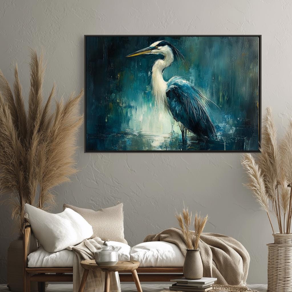 Moody Heron Wall Art, Water Bird Framed Canvas, Coastal Wetlands Landscape Print, Abstract Blue Modern Home Decor, Heron Lover Gift