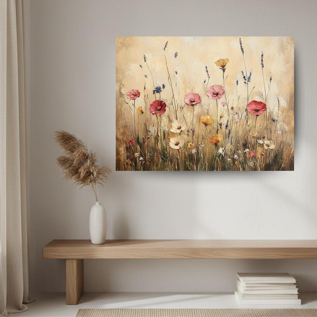 Rustic Wildflower Field Wall Art, Country Meadow Floral Landscape Canvas, Vintage Nature Framed Print, Cottage Farmhouse Home Decor
