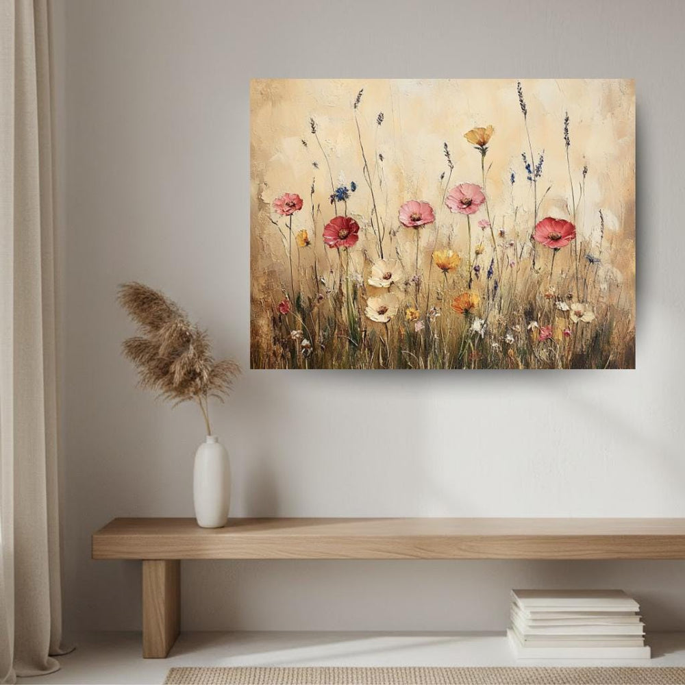 Rustic Wildflower Field Wall Art, Country Meadow Floral Landscape Canvas, Vintage Nature Framed Print, Cottage Farmhouse Home Decor