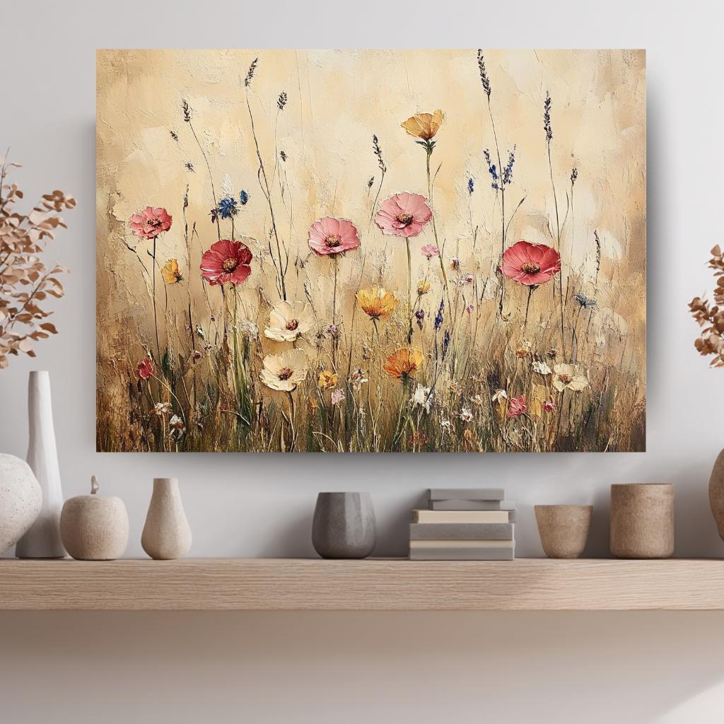 Rustic Wildflower Field Wall Art, Country Meadow Floral Landscape Canvas, Vintage Nature Framed Print, Cottage Farmhouse Home Decor