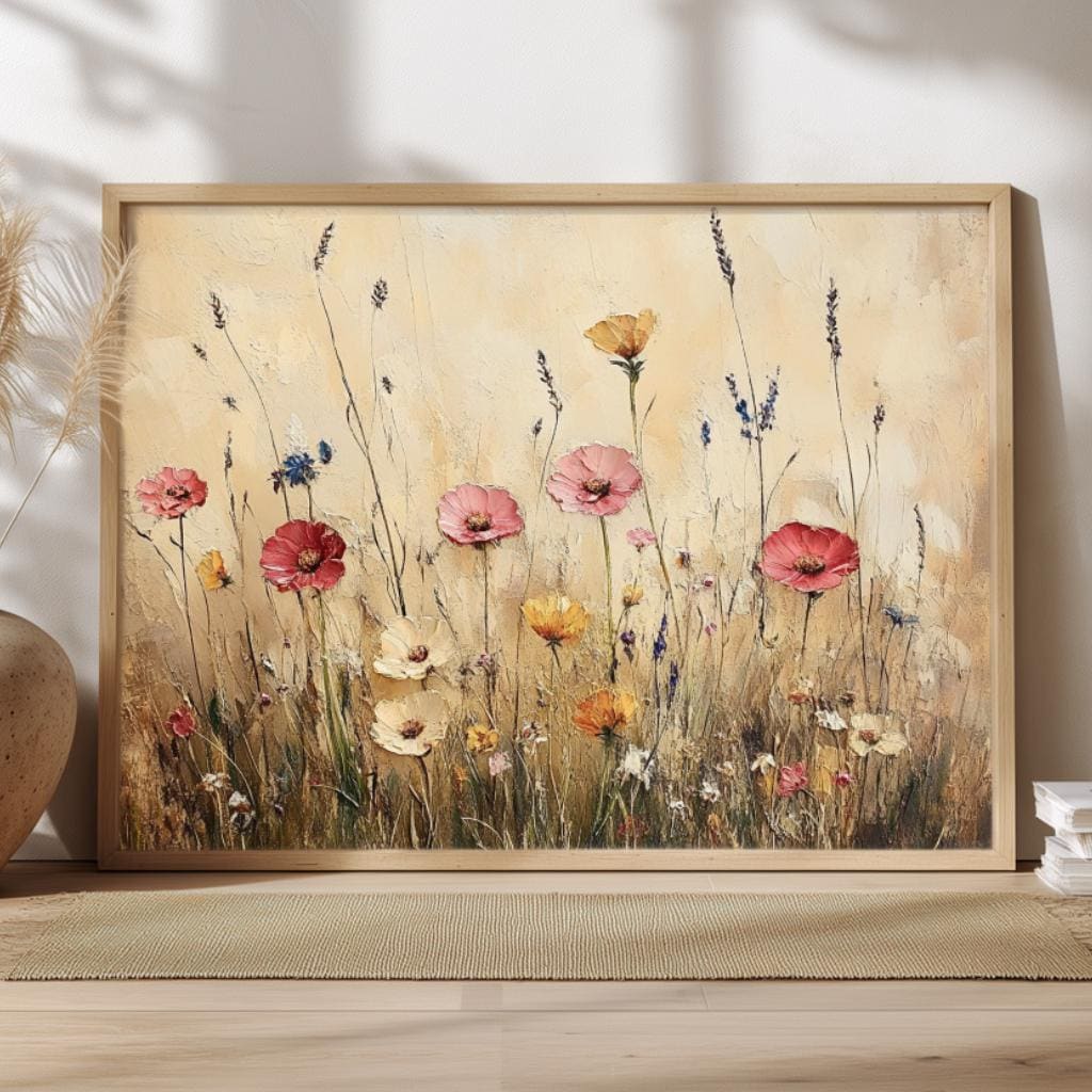 Rustic Wildflower Field Wall Art, Country Meadow Floral Landscape Canvas, Vintage Nature Framed Print, Cottage Farmhouse Home Decor