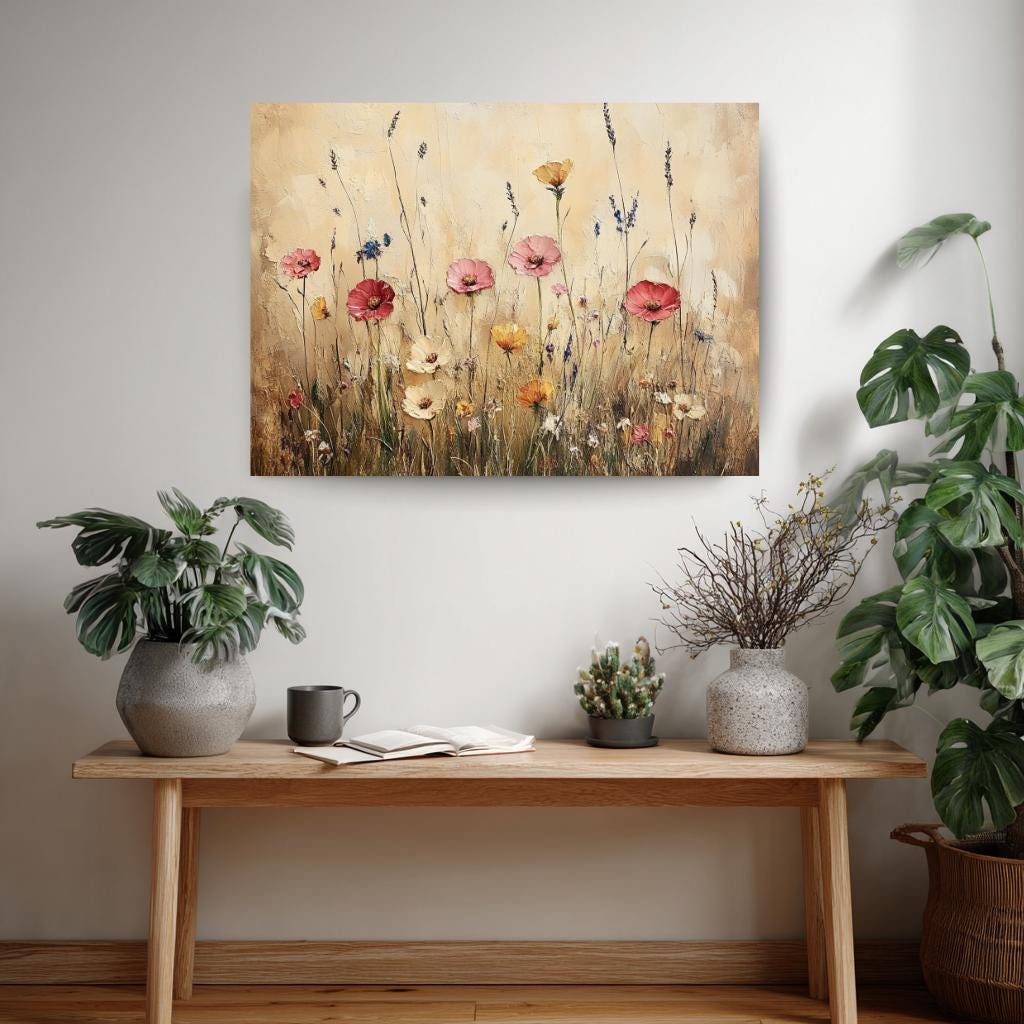 Rustic Wildflower Field Wall Art, Country Meadow Floral Landscape Canvas, Vintage Nature Framed Print, Cottage Farmhouse Home Decor