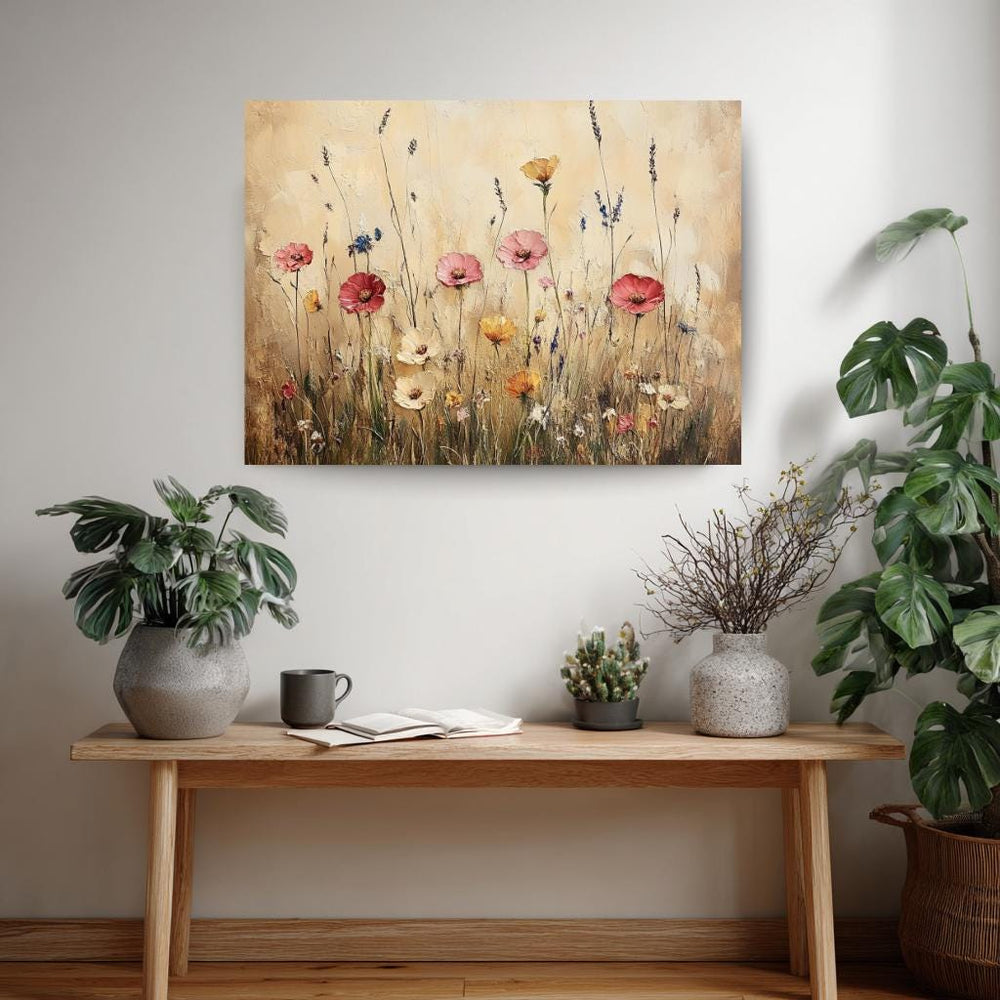 Rustic Wildflower Field Wall Art, Country Meadow Floral Landscape Canvas, Vintage Nature Framed Print, Cottage Farmhouse Home Decor