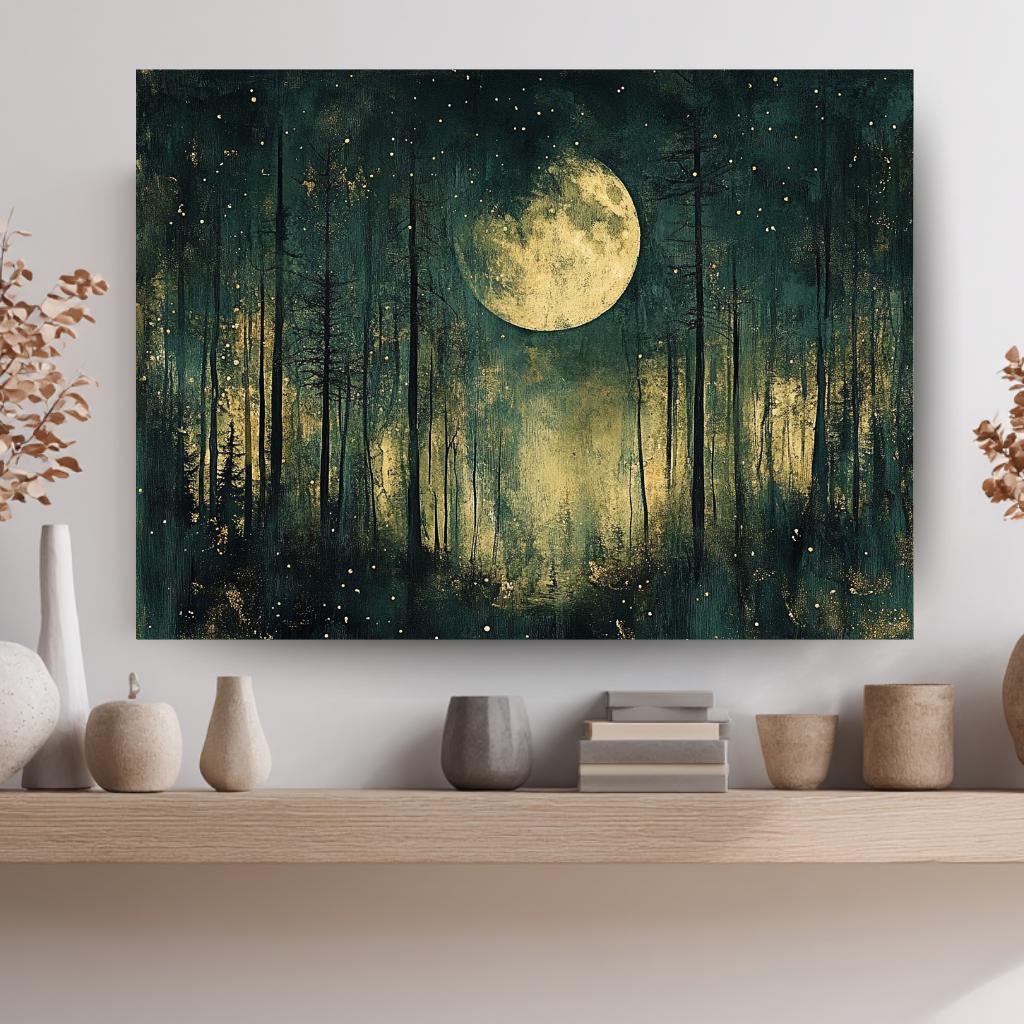 Mystical Moon Forest Wall Art, Enchanted Night Framed Canvas, Celestial Woodland Landscape Print, Starry Night Decor, Tranquil Home Accent