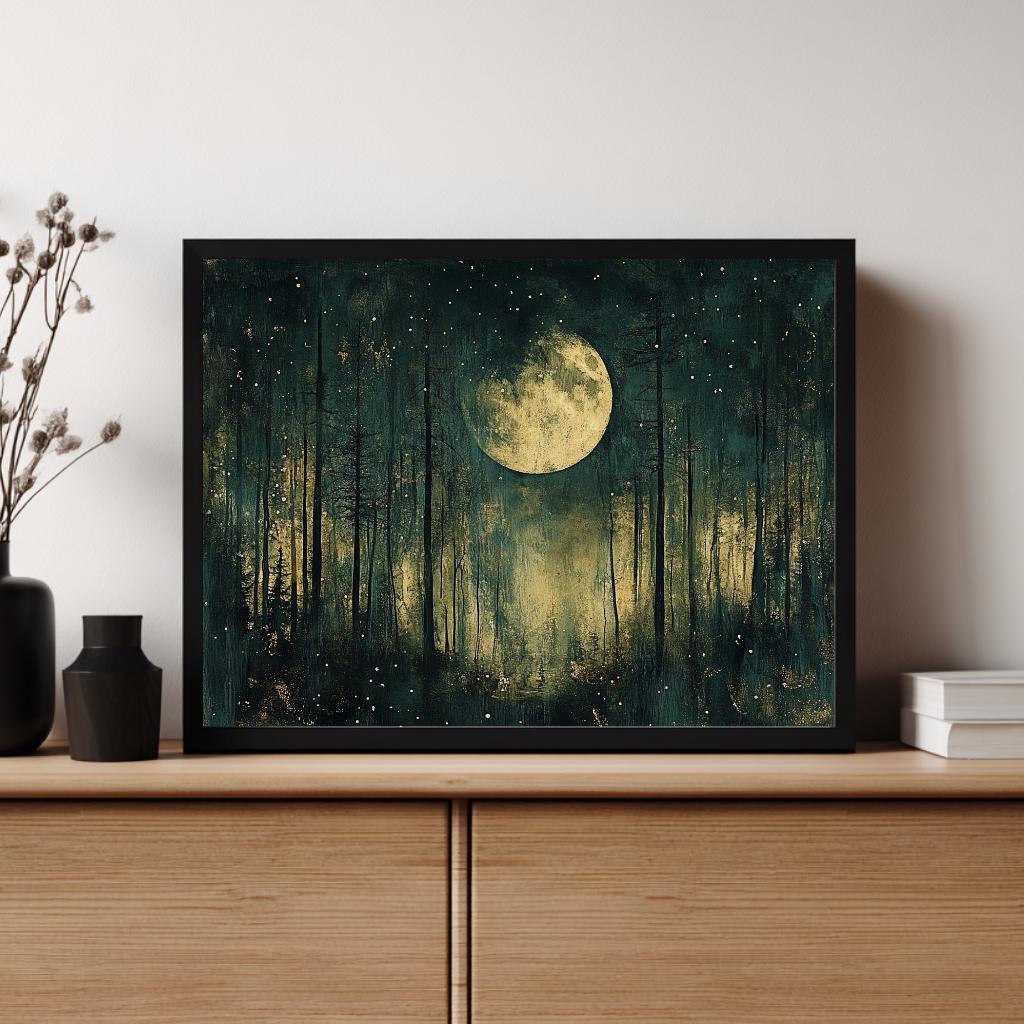 Mystical Moon Forest Wall Art, Enchanted Night Framed Canvas, Celestial Woodland Landscape Print, Starry Night Decor, Tranquil Home Accent