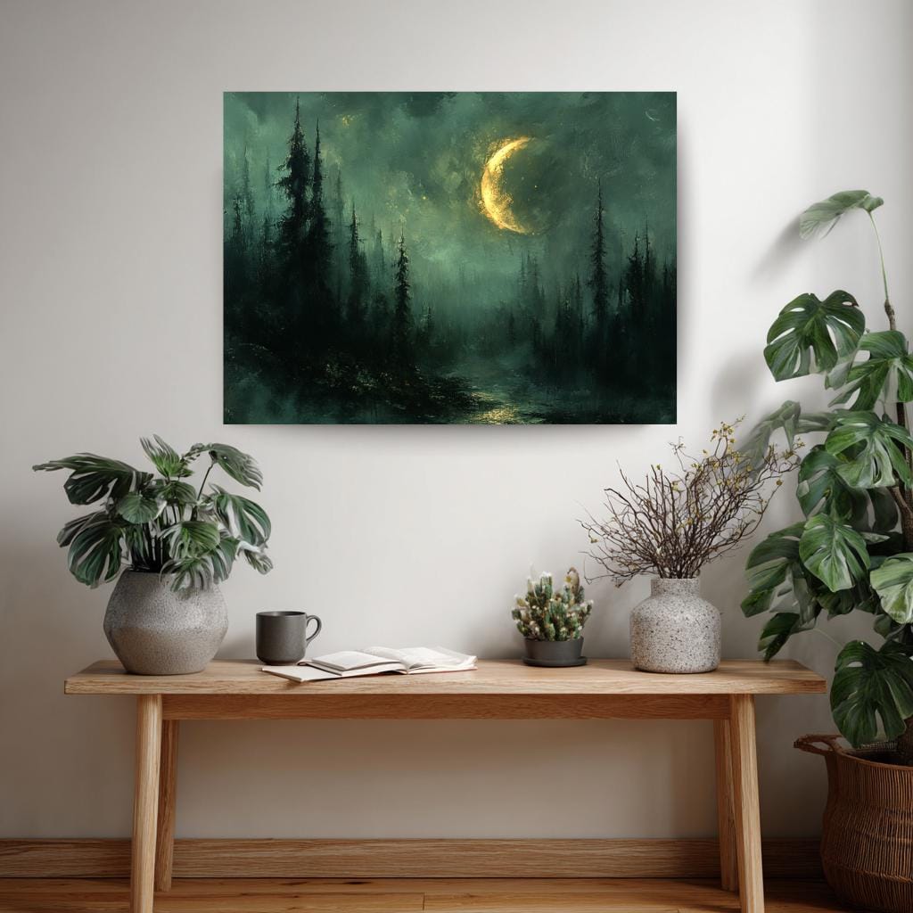 Crescent Moon Forest Wall Art, Mystical Night Framed Canvas, Moody Woodland Landscape Print, Celestial Nature Inspired Home Decor