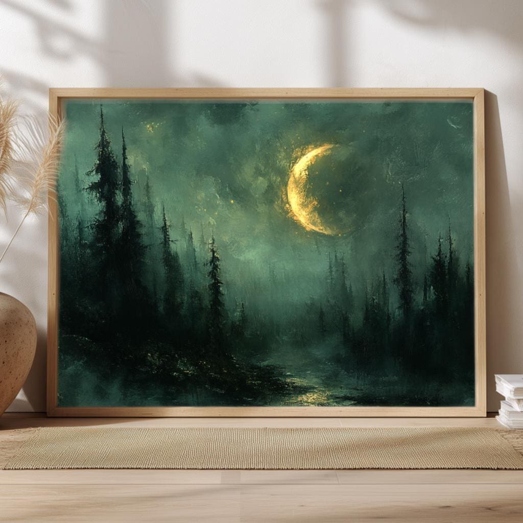Crescent Moon Forest Wall Art, Mystical Night Framed Canvas, Moody Woodland Landscape Print, Celestial Nature Inspired Home Decor