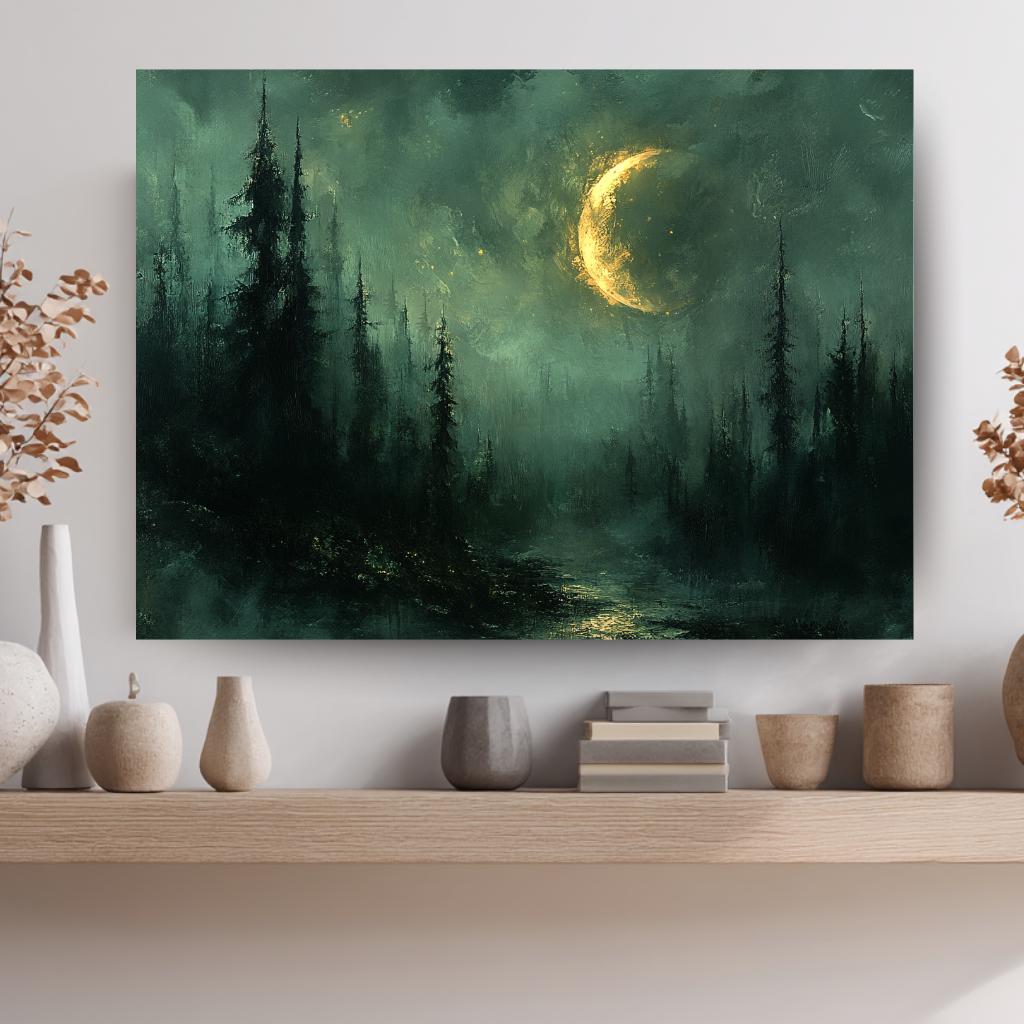 Crescent Moon Forest Wall Art, Mystical Night Framed Canvas, Moody Woodland Landscape Print, Celestial Nature Inspired Home Decor