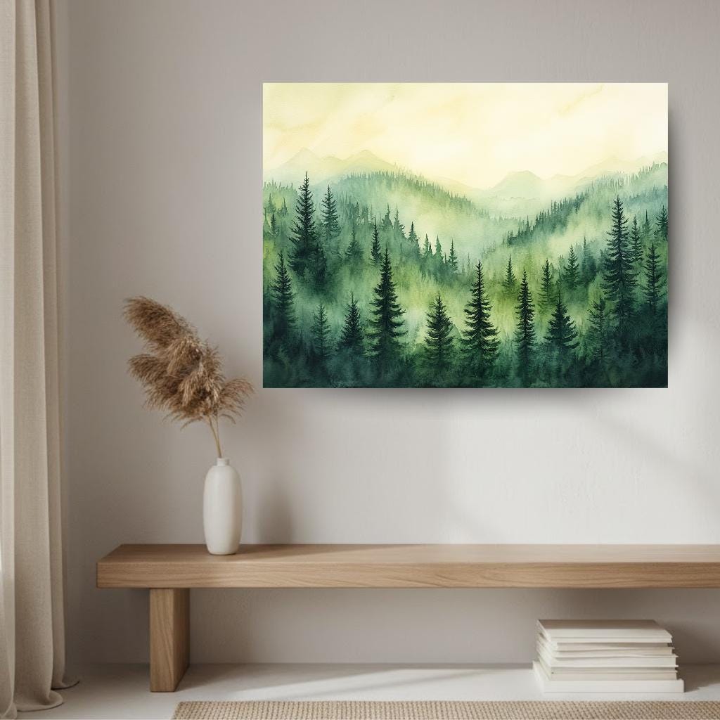 Evergreen Mountain Landscape Wall Art, Misty Pine Forest Framed Canvas, Nature Inspired Print, Rustic Farmhouse Decor, Tranquil Home Accent