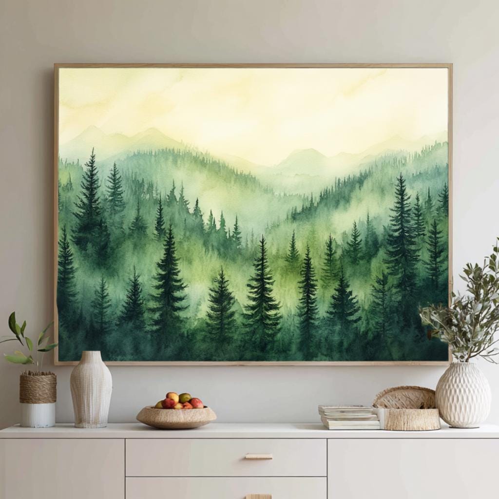 Evergreen Mountain Landscape Wall Art, Misty Pine Forest Framed Canvas, Nature Inspired Print, Rustic Farmhouse Decor, Tranquil Home Accent