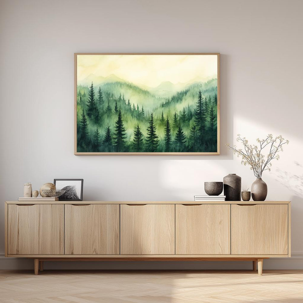 Evergreen Mountain Landscape Wall Art, Misty Pine Forest Framed Canvas, Nature Inspired Print, Rustic Farmhouse Decor, Tranquil Home Accent