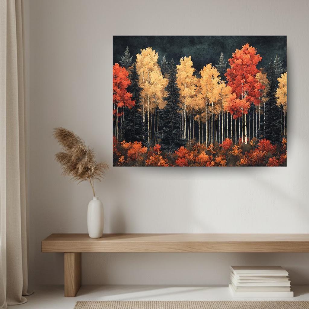 Autumn Birch Forest Wall Art, Vibrant Fall Framed Canvas, Woodland Landscape Print, Rustic Nature Inspired Home Decor, Autumn Lover Gift