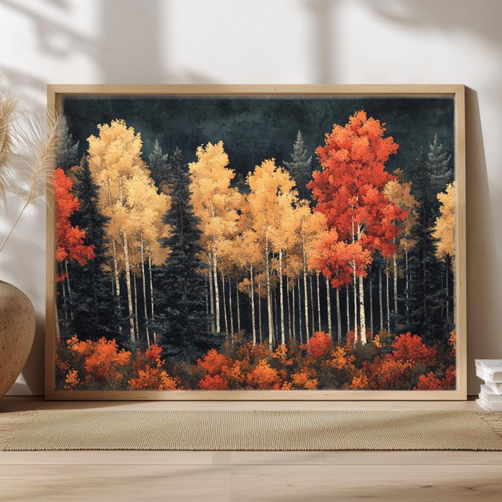 Autumn Birch Forest Wall Art, Vibrant Fall Framed Canvas, Woodland Landscape Print, Rustic Nature Inspired Home Decor, Autumn Lover Gift