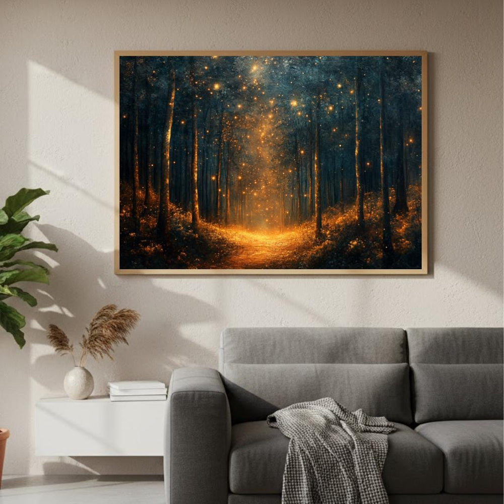 Enchanted Firefly Forest Wall Art, Mystical Night Landscape Canvas, Glowing Woodland Path Print, Celestial Nature Inspired Home Decor