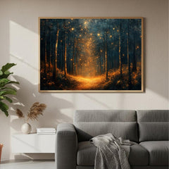 Enchanted Firefly Forest Wall Art, Mystical Night Landscape Canvas, Glowing Woodland Path Print, Celestial Nature Inspired Home Decor