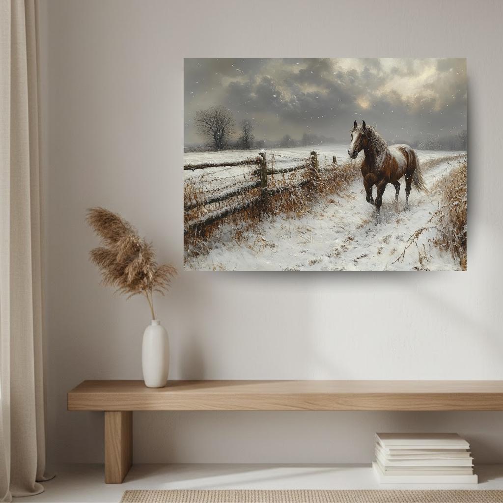 Winter Horse Landscape Wall Art, Rustic Country Farm Canvas, Snowy Field Print, Nature Inspired Equestrian Home Decor, Horse Lover Gift