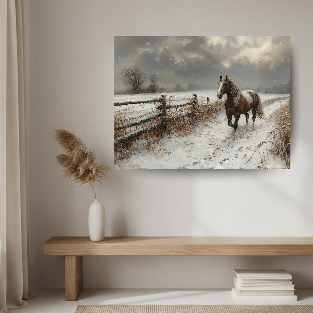 Winter Horse Landscape Wall Art, Rustic Country Farm Canvas, Snowy Field Print, Nature Inspired Equestrian Home Decor, Horse Lover Gift