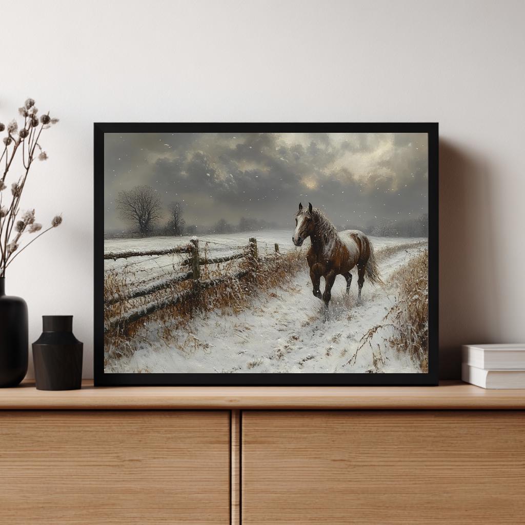 Winter Horse Landscape Wall Art, Rustic Country Farm Canvas, Snowy Field Print, Nature Inspired Equestrian Home Decor, Horse Lover Gift