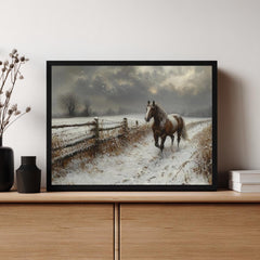 Winter Horse Landscape Wall Art, Rustic Country Farm Canvas, Snowy Field Print, Nature Inspired Equestrian Home Decor, Horse Lover Gift