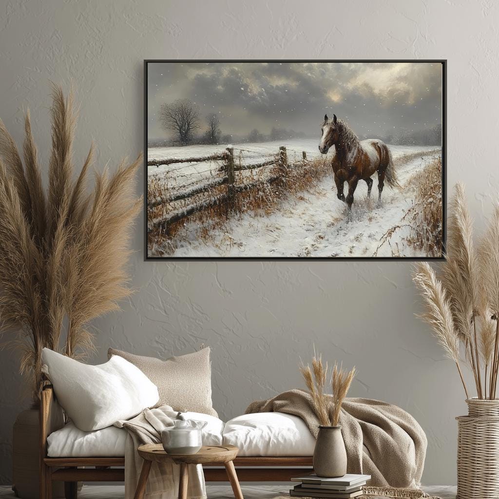 Winter Horse Landscape Wall Art, Rustic Country Farm Canvas, Snowy Field Print, Nature Inspired Equestrian Home Decor, Horse Lover Gift