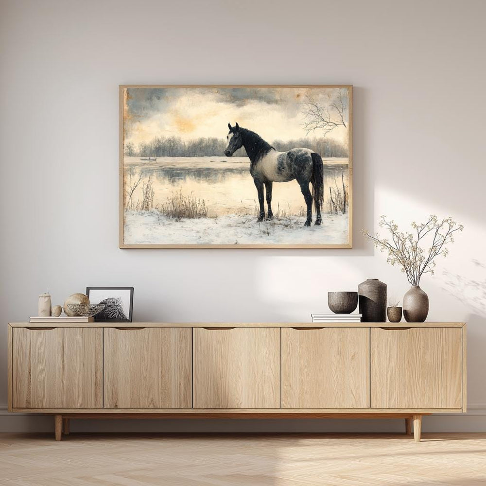 Horse by the River Wall Art, Vintage Winter Framed Canvas, Rustic Equestrian Landscape Print, Country Cabin Decor, Tranquil Home Accent